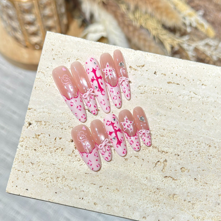 Artistic Stiletto Press-On Nail Set with Heart and Bow Design Stornfield