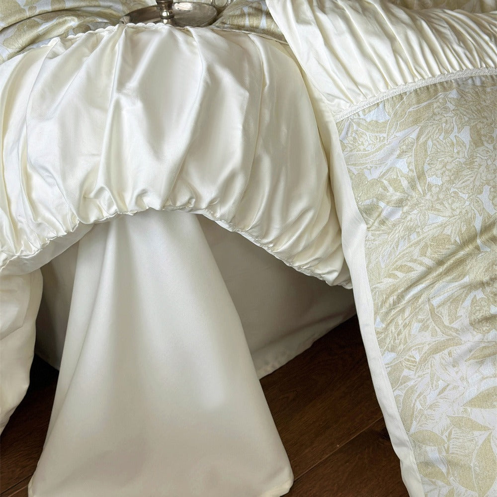 Luxurious jacquard bedding set with ruffled frill, satin trim, and decorative pillows