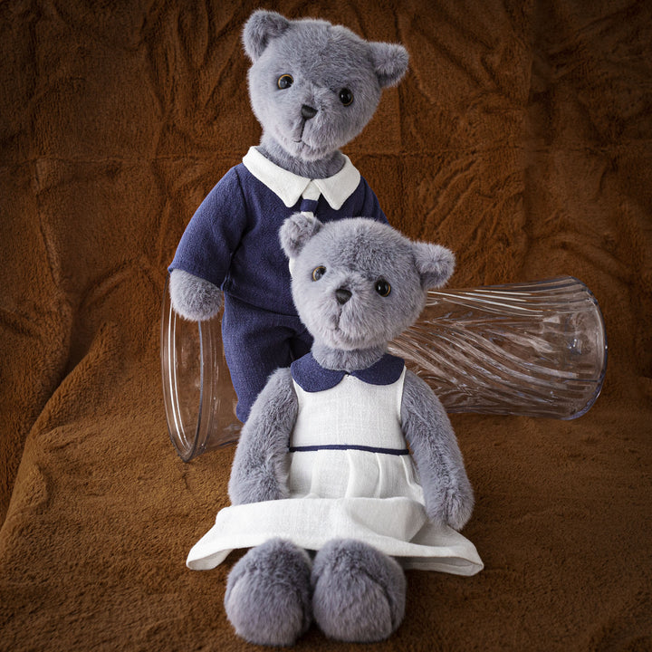 Plush Teddy Bear with Linen Dress and Peter Pan Collar