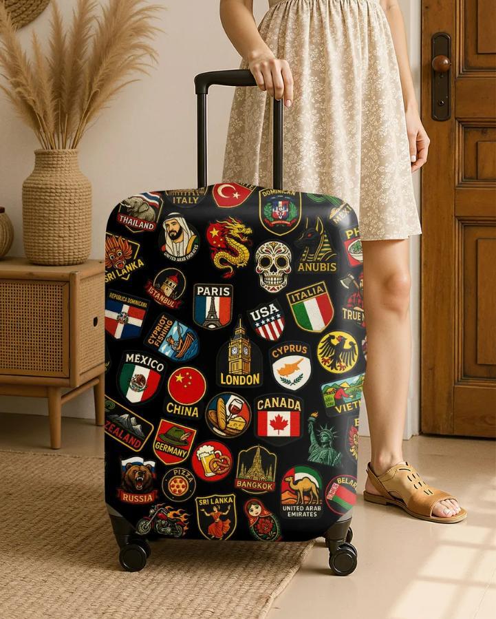 Unisex nan hard shell suitcase cover with stretch travel motif print, zipper opening and scratch-resistant protection Stornfield