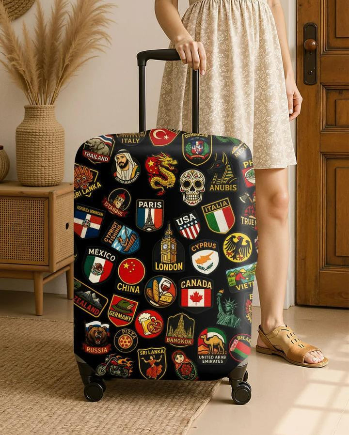 Unisex nan hard shell suitcase cover with stretch travel motif print, zipper opening and scratch-resistant protection Stornfield