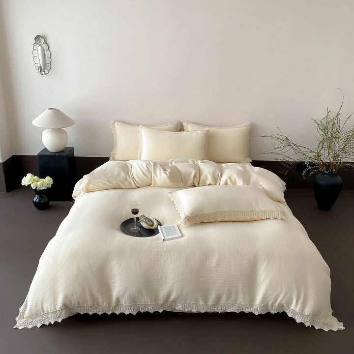 Luxurious linen bedding set with lace trim and pillowcases