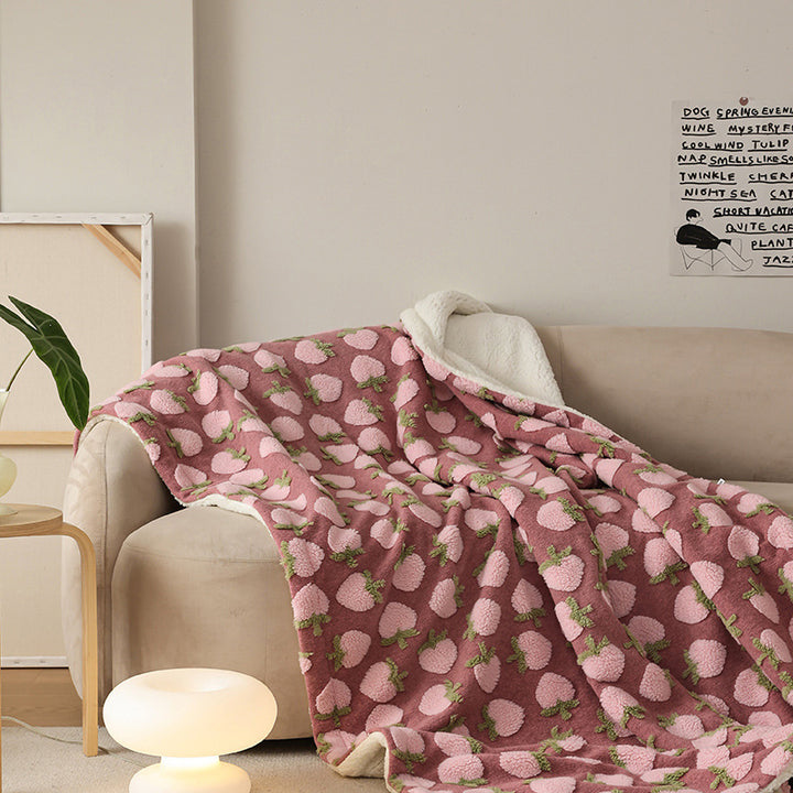 Reversible Sherpa Fleece Throw Blanket with Embossed Strawberry Texture