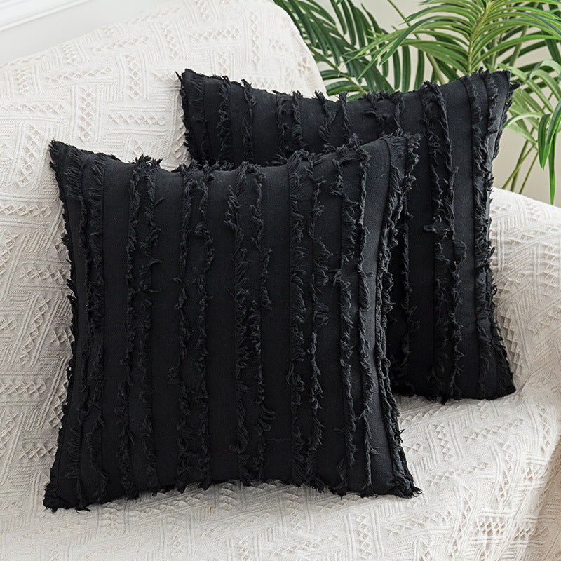 Decorative Fringed Textured Throw Pillow Cover Pair
