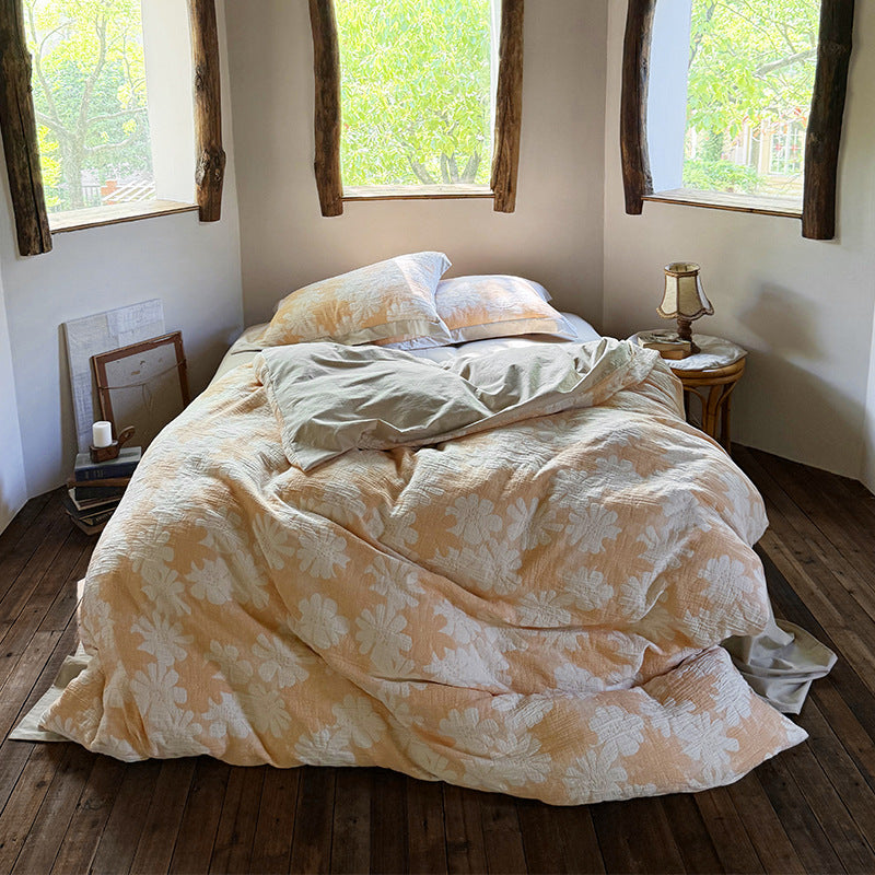 Quilted Botanical Cotton-Linen Comforter Set with Textured Floral Matelassé and Envelope Pillow Shams