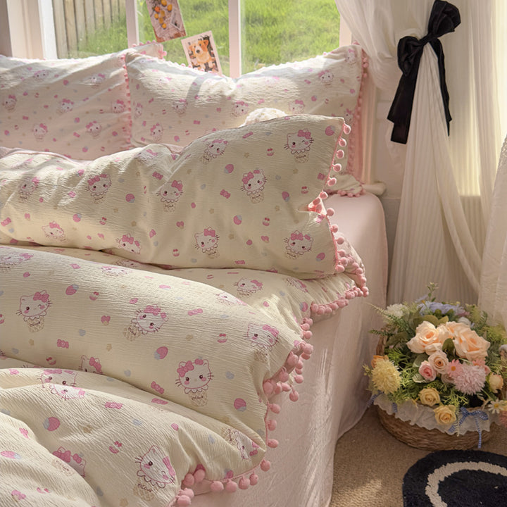 Lightweight Textured Cotton Cartoon Duvet Cover Set with Pom-Pom Trim