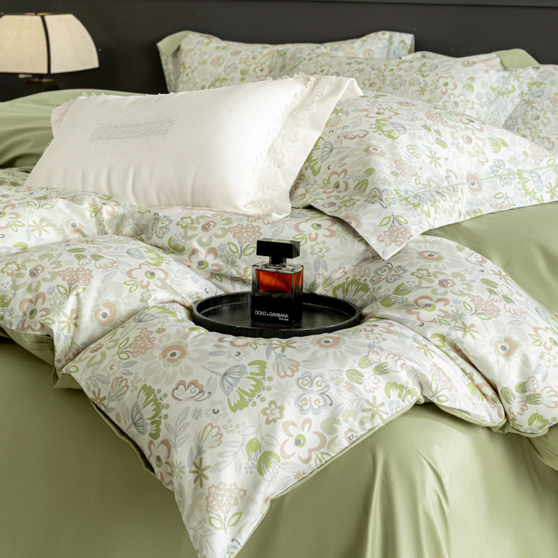 Luxurious cotton satin duvet cover set with watercolor flower pattern