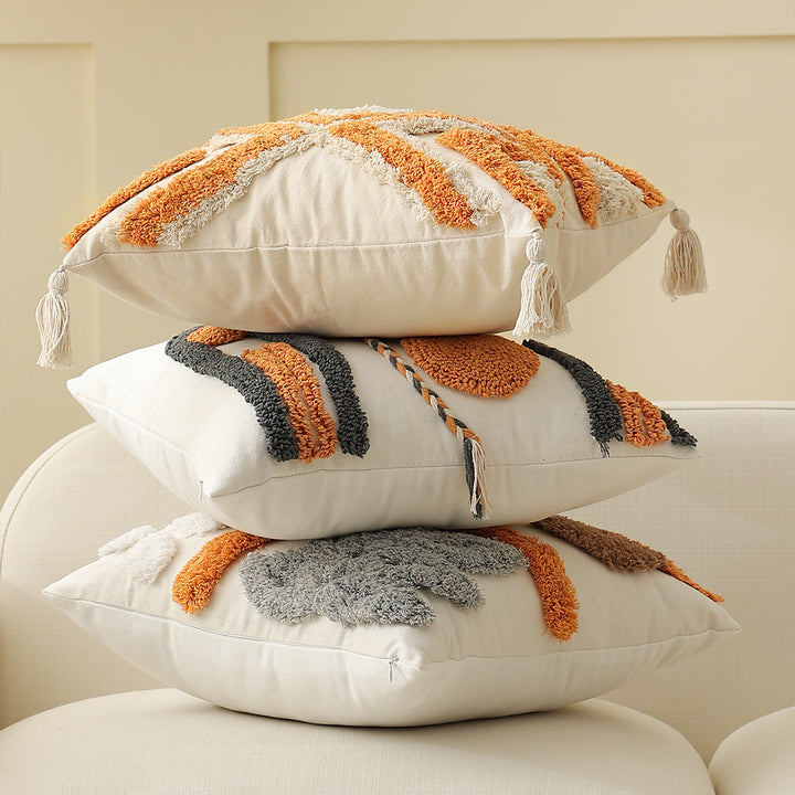 Boho-woven decorative cushion with textured chenille applications Stornfield