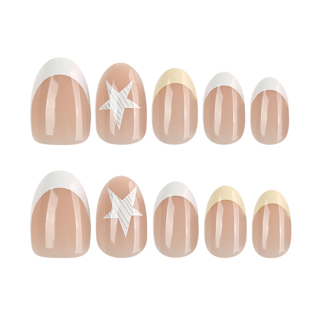 Elegant artificial nails with classic French tip and intricate star design Stornfield