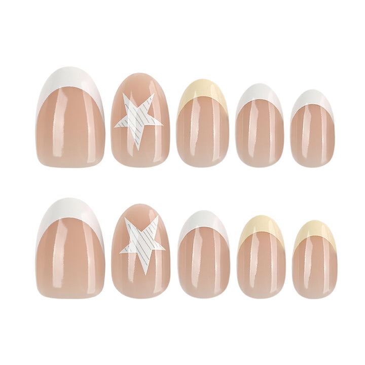 Elegant artificial nails with classic French tip and intricate star design Stornfield