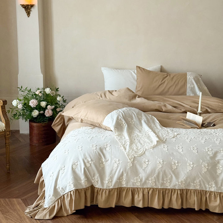 Vintage-Inspired Embroidered Lace-Trim Duvet Cover & Ruffled Bedskirt Set