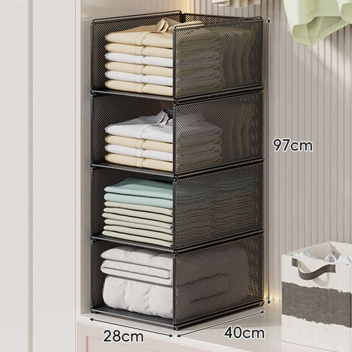 Vertical Stackable Mesh Closet Storage Tower with Four Pull-Out Ventilated Drawers