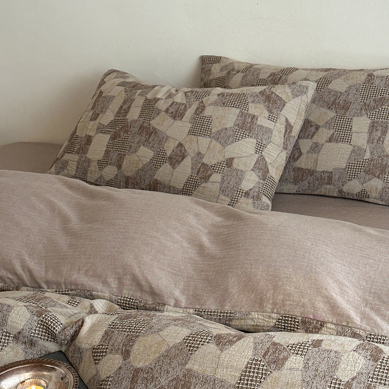 Luxury Stonewashed Cotton Duvet Cover Set with Geometric Jacquard Texture