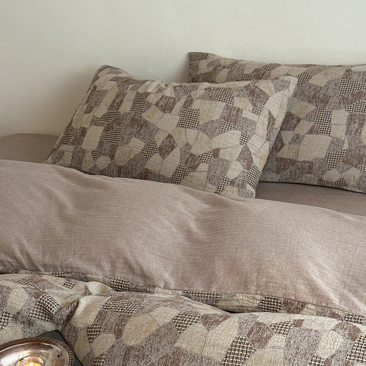 Luxury Stonewashed Cotton Duvet Cover Set with Geometric Jacquard Texture
