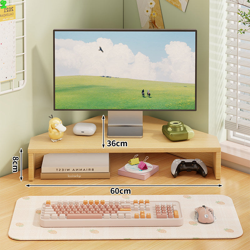 Corner Wooden Monitor Riser with Dual-Tier Storage Shelf