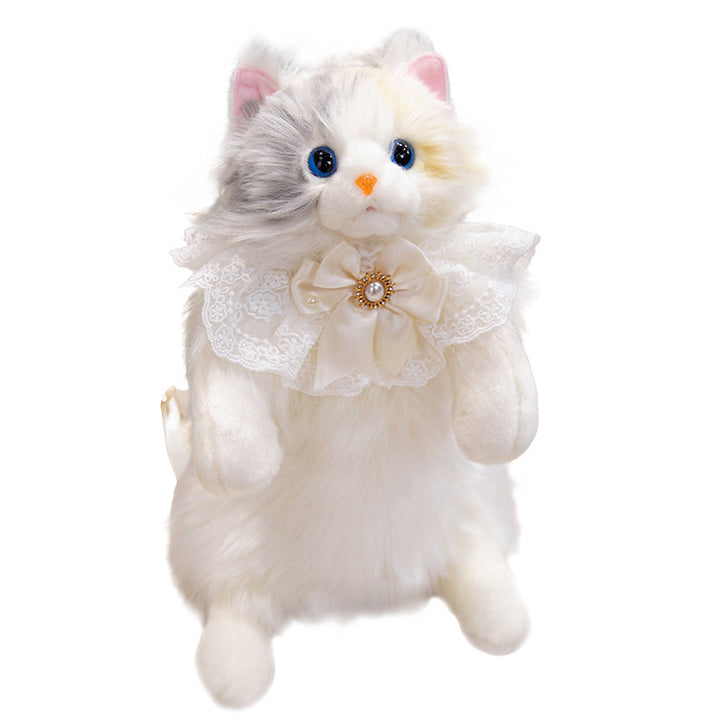 Plush Sitting Cat Decorative Doll with Lace Ruffle Collar & Jeweled Bow Stornfield
