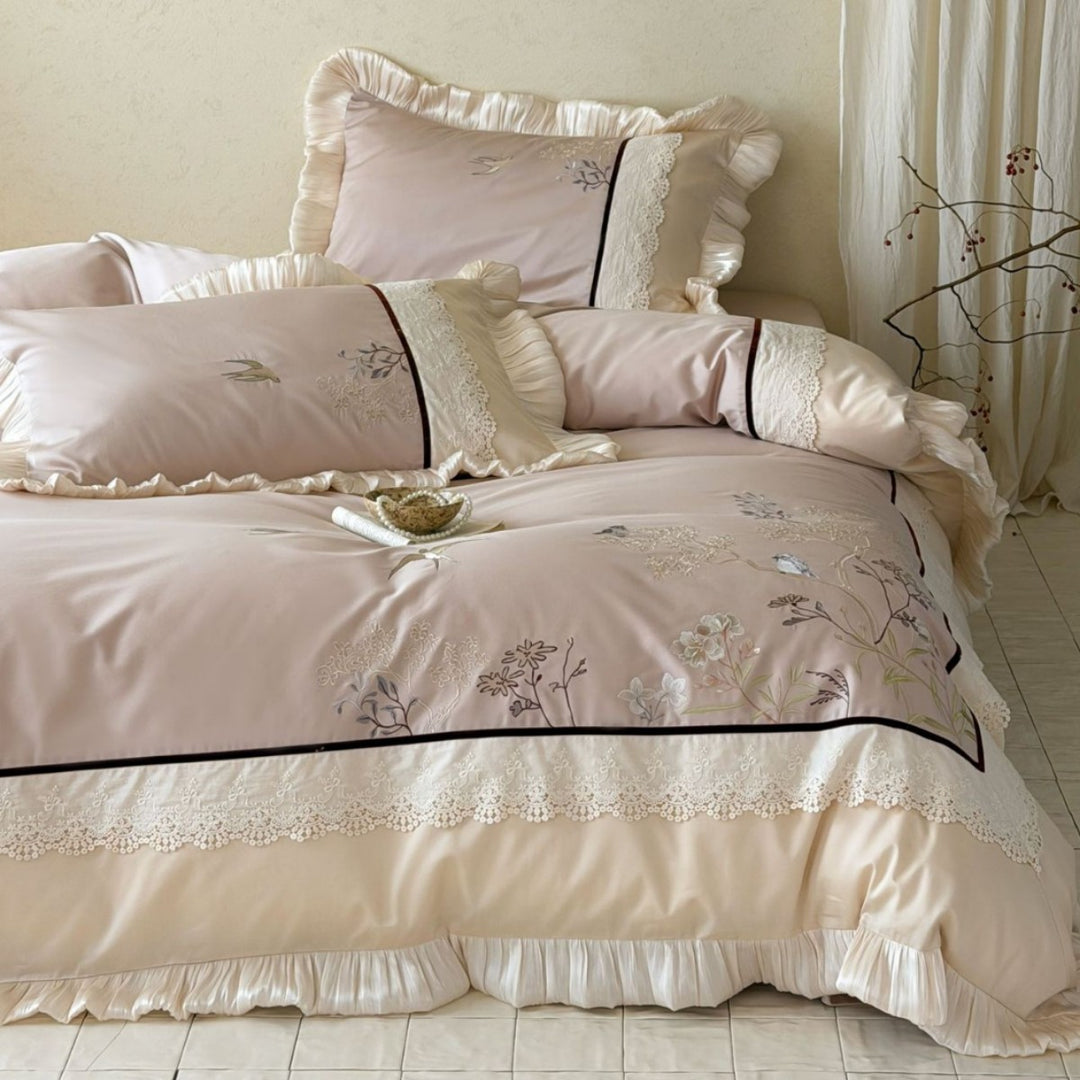 Premium cotton satin duvet cover set with pleated ruffle and delicate bird and flower embroidery