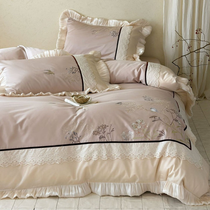 Premium cotton satin duvet cover set with pleated ruffle and delicate bird and flower embroidery