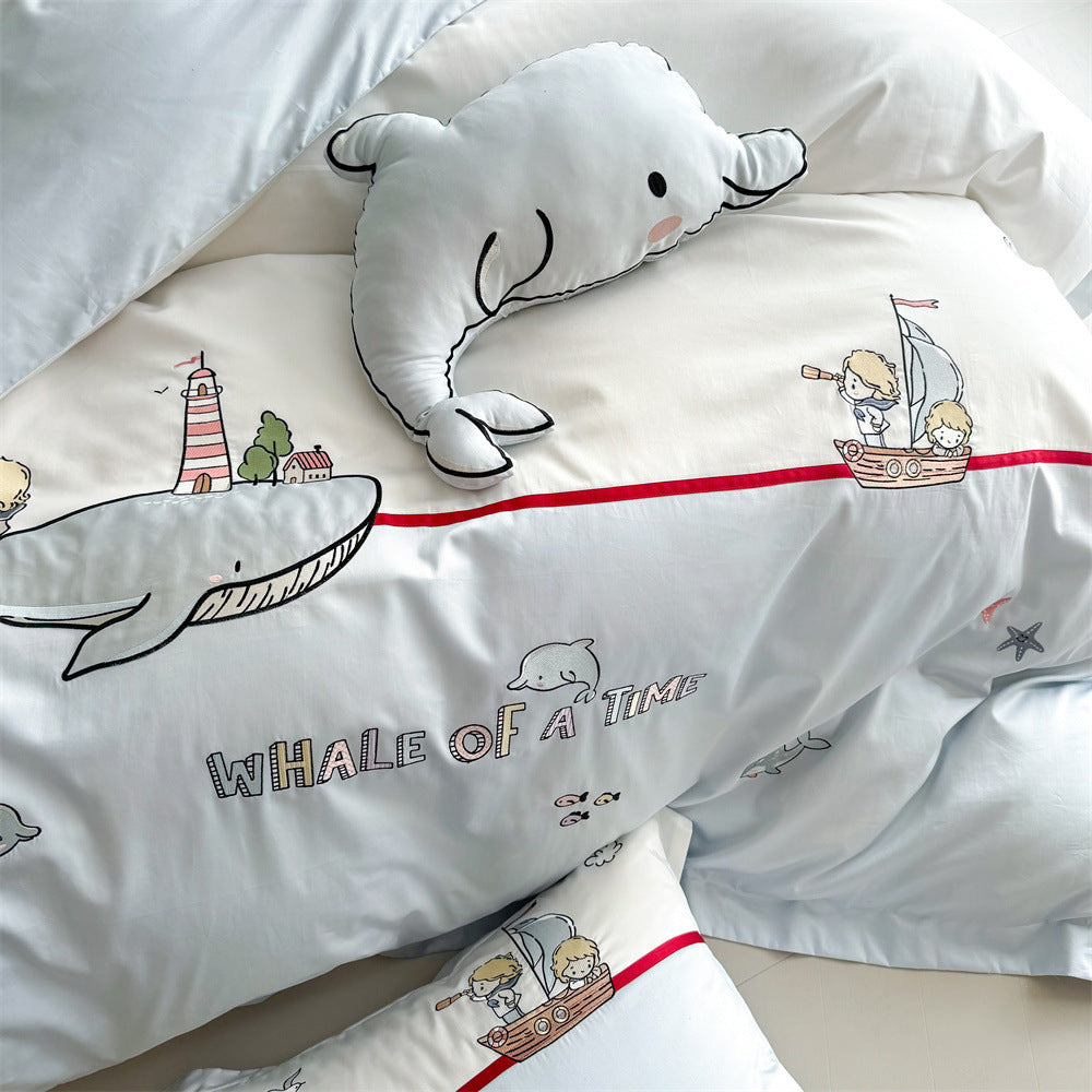 Children's Cotton Sateen Whale-Illustration Duvet Cover Set with Pillow Shams and Plush Accent Cushion
