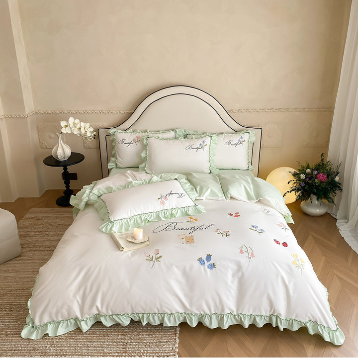Ruffled Embroidered Cotton Sateen Duvet Cover Set with Floral Motifs