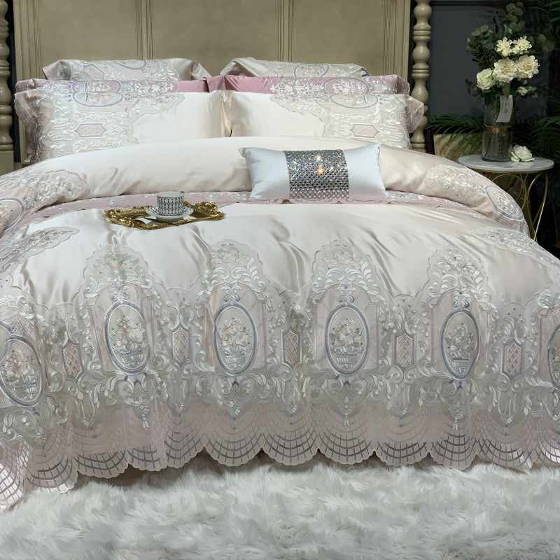 Luxury Embroidered Lace-Trim Duvet Cover Set with Decorative Pillow Shams