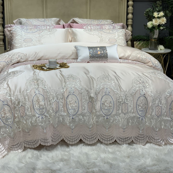 Luxury Embroidered Lace-Trim Duvet Cover Set with Decorative Pillow Shams