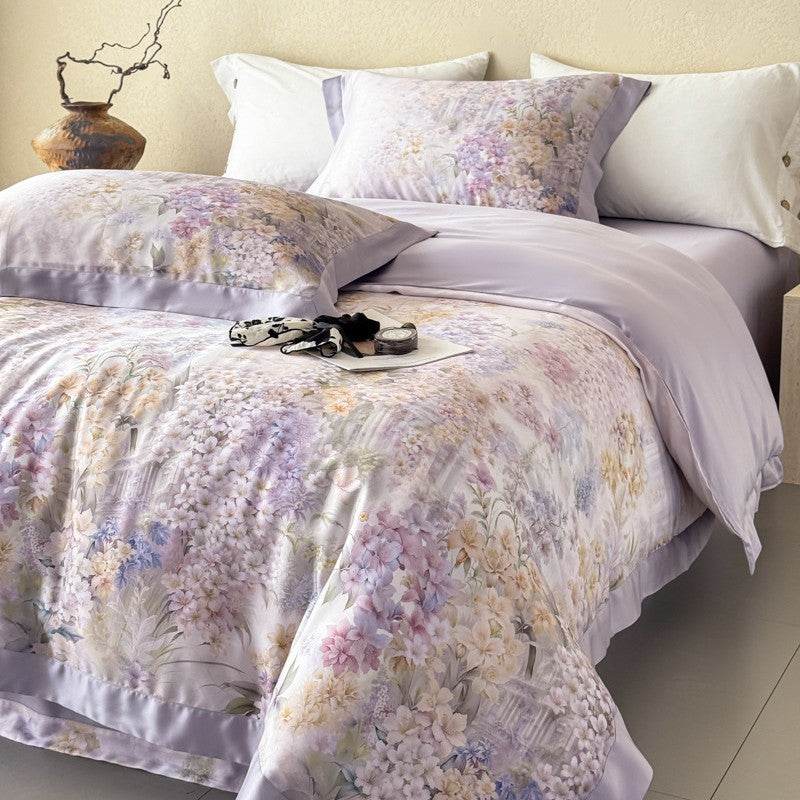 Luxurious satin bedding set with lilac flower print and silky piping
