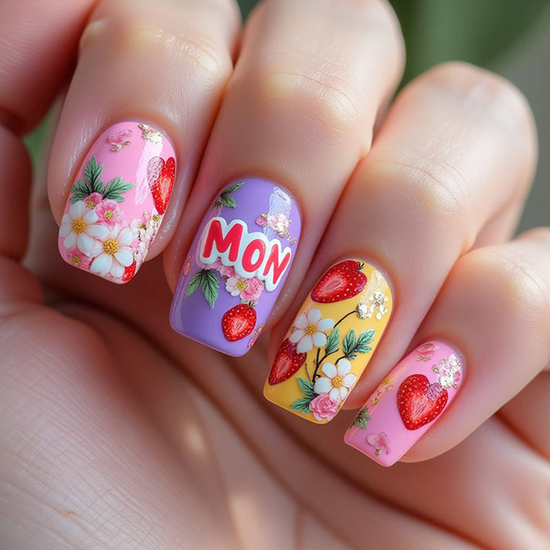 Artificial nail set with floral and fruity designs Stornfield