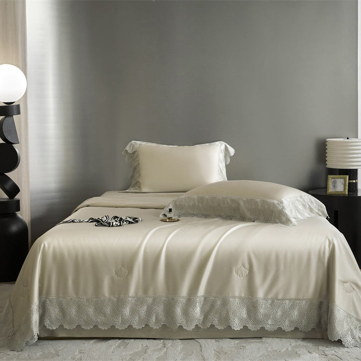 Luxurious satin bed linen set with French lace trim
