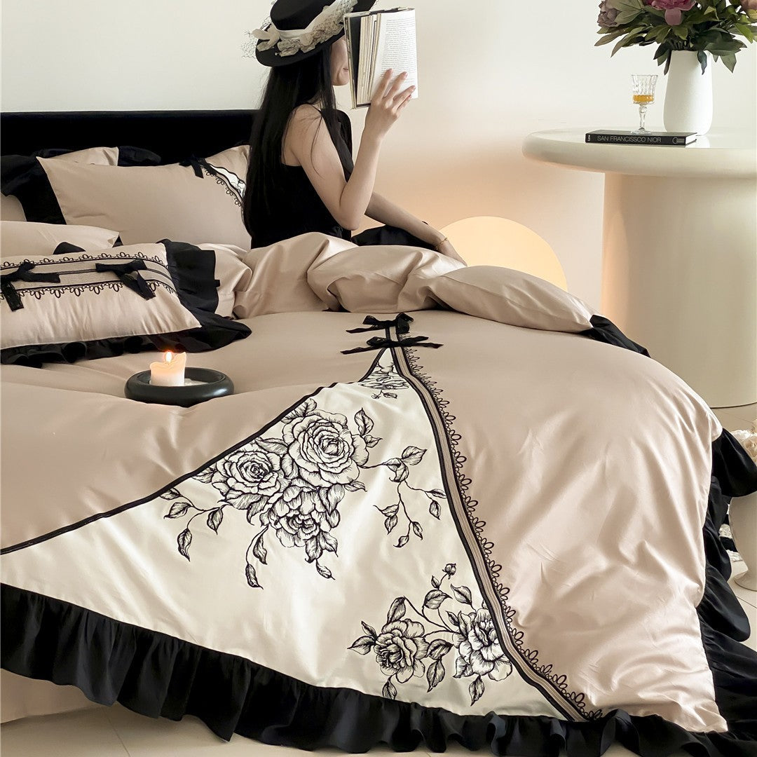 Rose-Embroidered Ruffled Corner Panel Duvet Cover Set with Contrast Satin Trim and Pillow Shams
