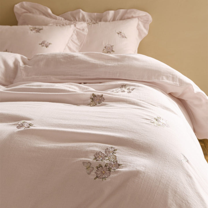Embroidered Floral Cotton Sateen Duvet Cover Set with Ruffled Pillow Shams