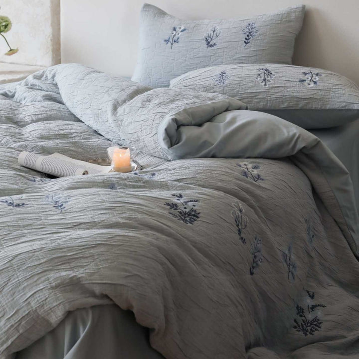 Embroidered Botanical Linen-Texture Duvet Cover Set with Quilted Stitching and Oxford Shams