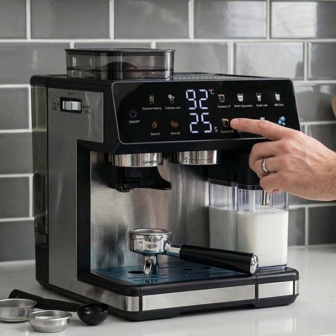 Espresso machine with integrated grinder, automatic temperature control and programmable coffee strengths Stornfield