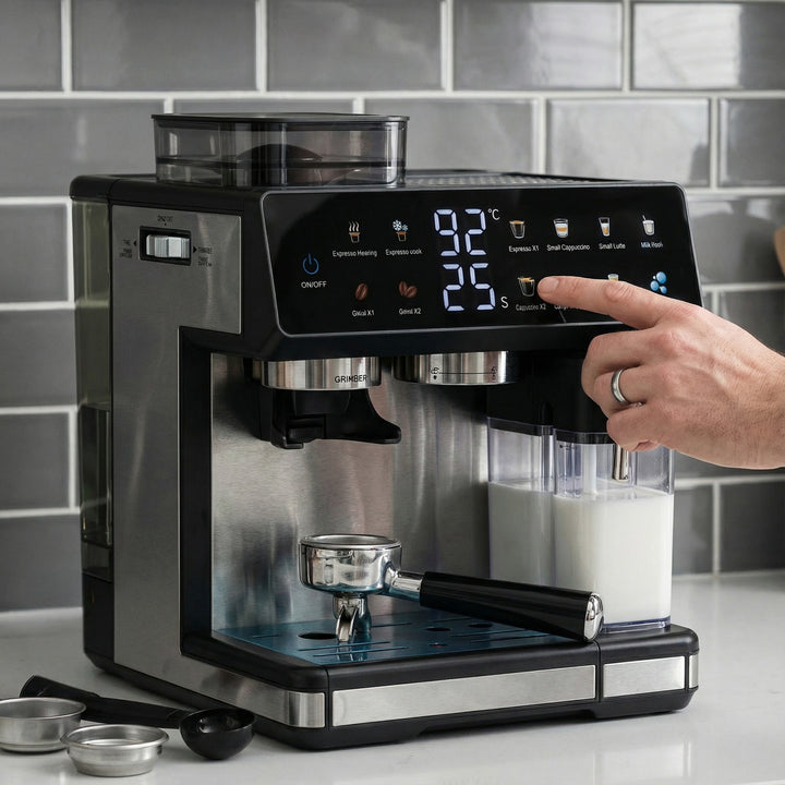 Espresso machine with integrated grinder, automatic temperature control and programmable coffee strengths Stornfield