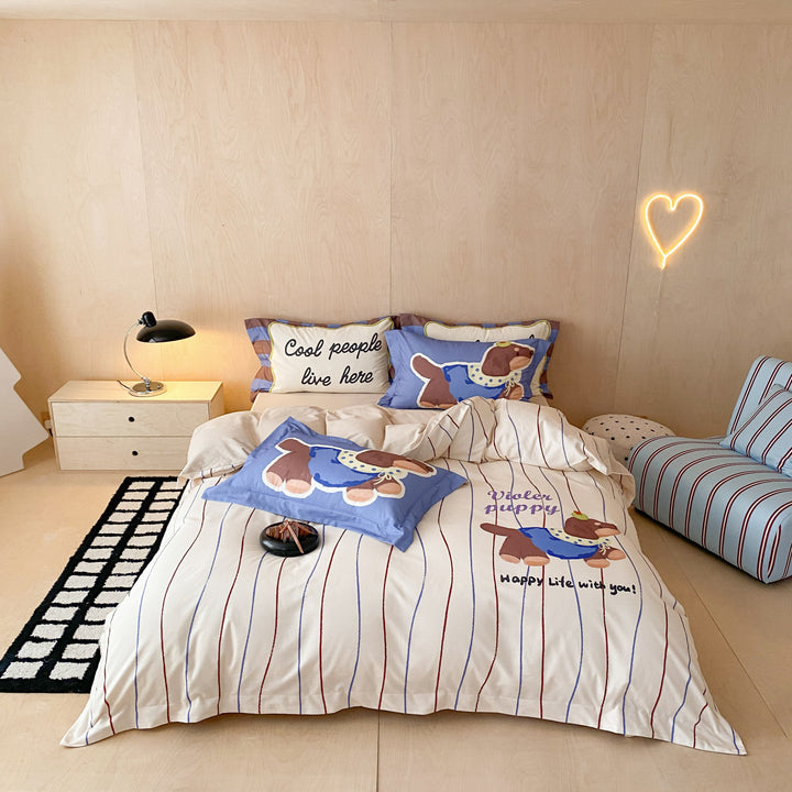 Cotton Duvet Cover and Pillowcase Set with Cartoon Puppy Print