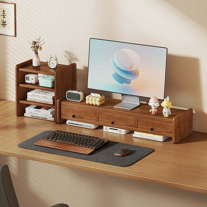 Solid Wood Monitor Riser and Desk Organizer with Dual-Level Shelf and Cable Management
