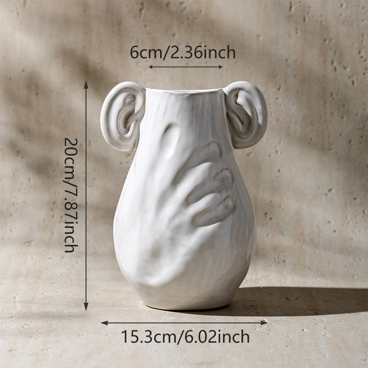 Handmade Ceramic Embrace Vase with Sculpted Hand Relief & Ear Loop Handles