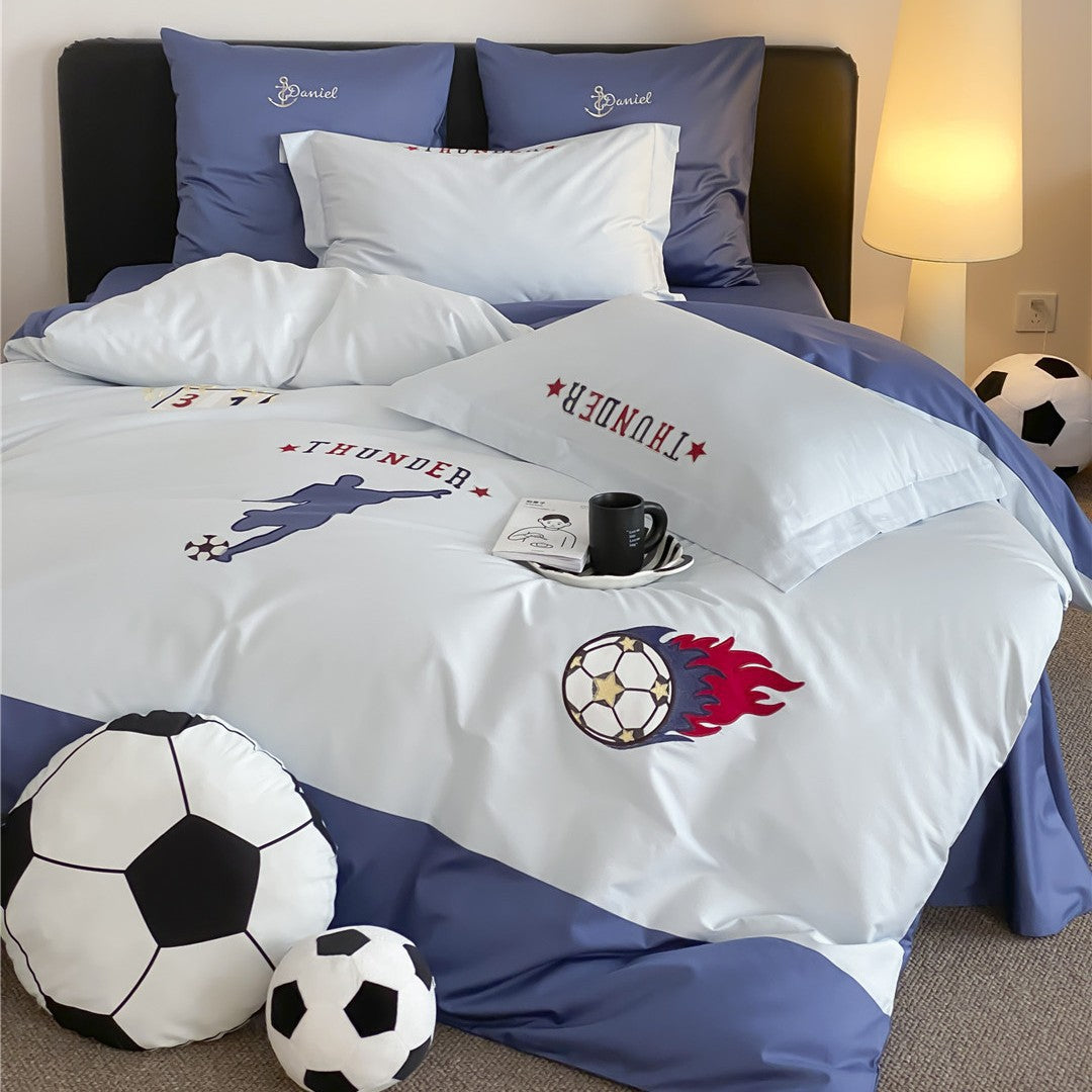 Soccer-Themed Cotton Sateen Duvet Cover Set with Embroidered Player Motif and Pillow Shams