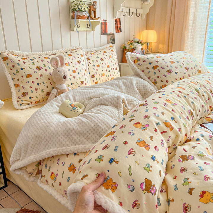 Plush Reversible Sherpa Duvet Cover Set with Quilted Waffle Comforter and Scalloped Pillow Shams