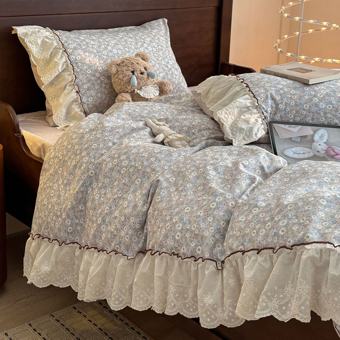 Floral Cotton Blend Duvet Cover Set with Lace Ruffle and Pillow Shams