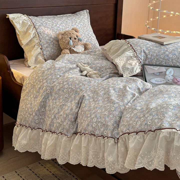 Floral Cotton Blend Duvet Cover Set with Lace Ruffle and Pillow Shams