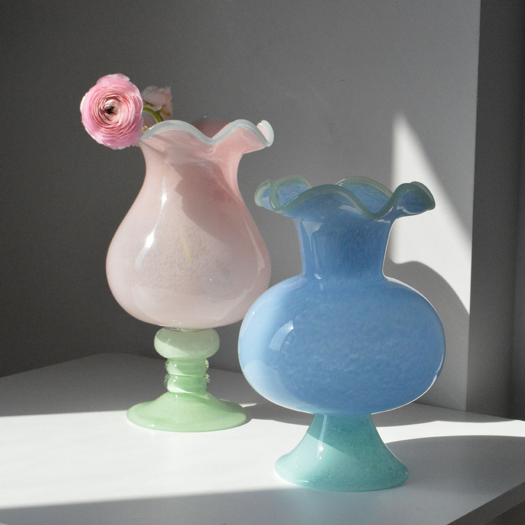 Handblown Ruffled-Rim Bulb-on-Pedestal Art Glass Vase Stornfield