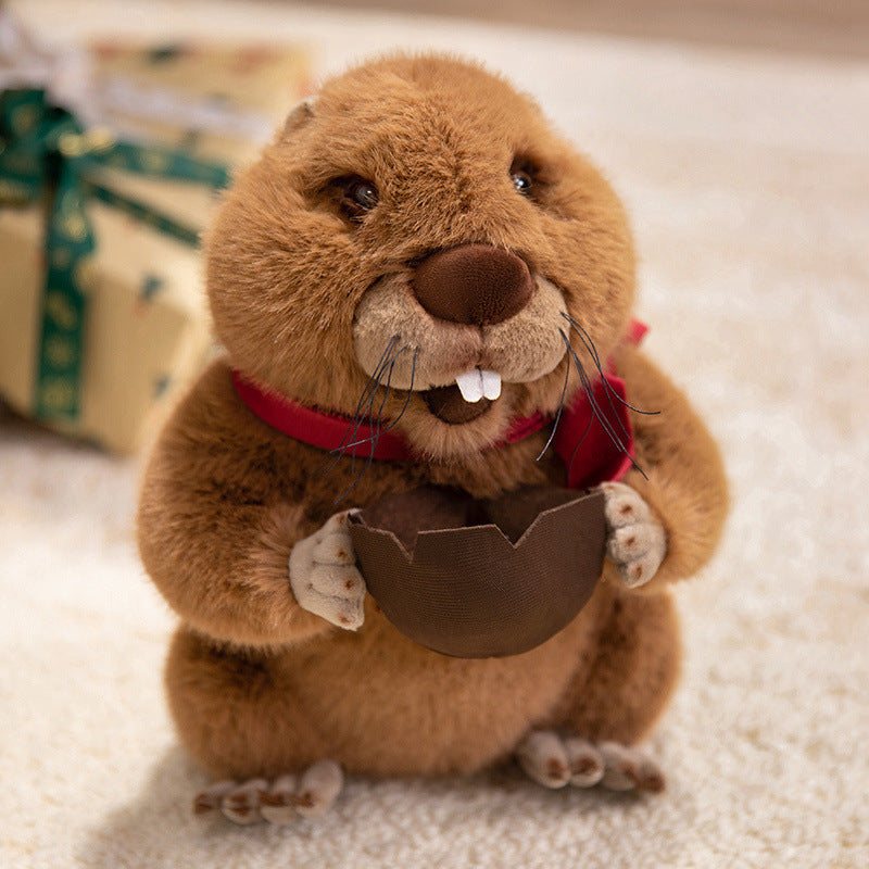 Plush Beaver Collectible Cuddle Toy with Walnut Prop, Red Scarf & Embroidered Details Stornfield