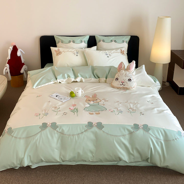 Whimsical Bunny Embroidered Duvet Cover Set with Reversible Sateen Back and Plush Accent
