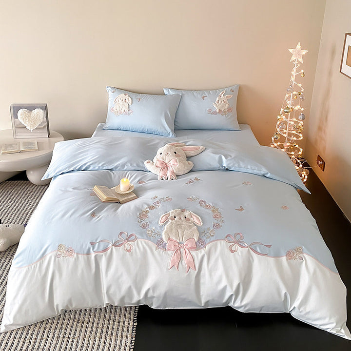 Whimsical Plush-Appliqué Bunny Duvet Cover & Sham Set