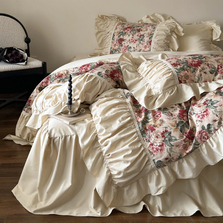 Romantic cotton satin bedding set with floral print, ruffle and decorative pillows