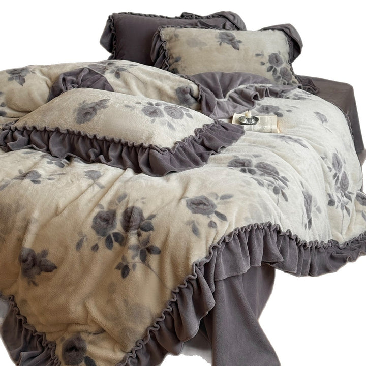 Plush Floral Ruffled Duvet Cover & Pillow Sham Set