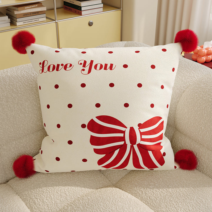 Polka Dot Bouclé Cushion Cover with Faux-Fur Pom-Pom Corners and Gift Bow Motif
