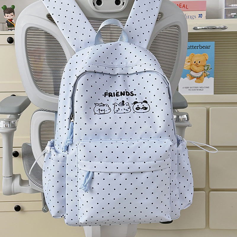 Playful Polka Dot Backpack with Cute Character Accents Stornfield