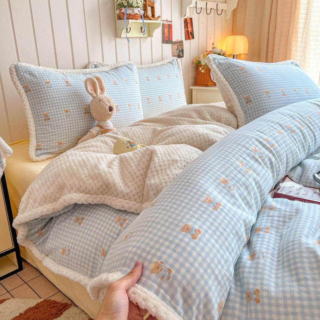 Plush Reversible Sherpa Duvet Cover Set with Quilted Waffle Comforter and Scalloped Pillow Shams
